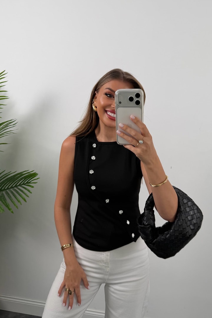 Zra Model Asimetrik Düğmeli Yelek Siyah  