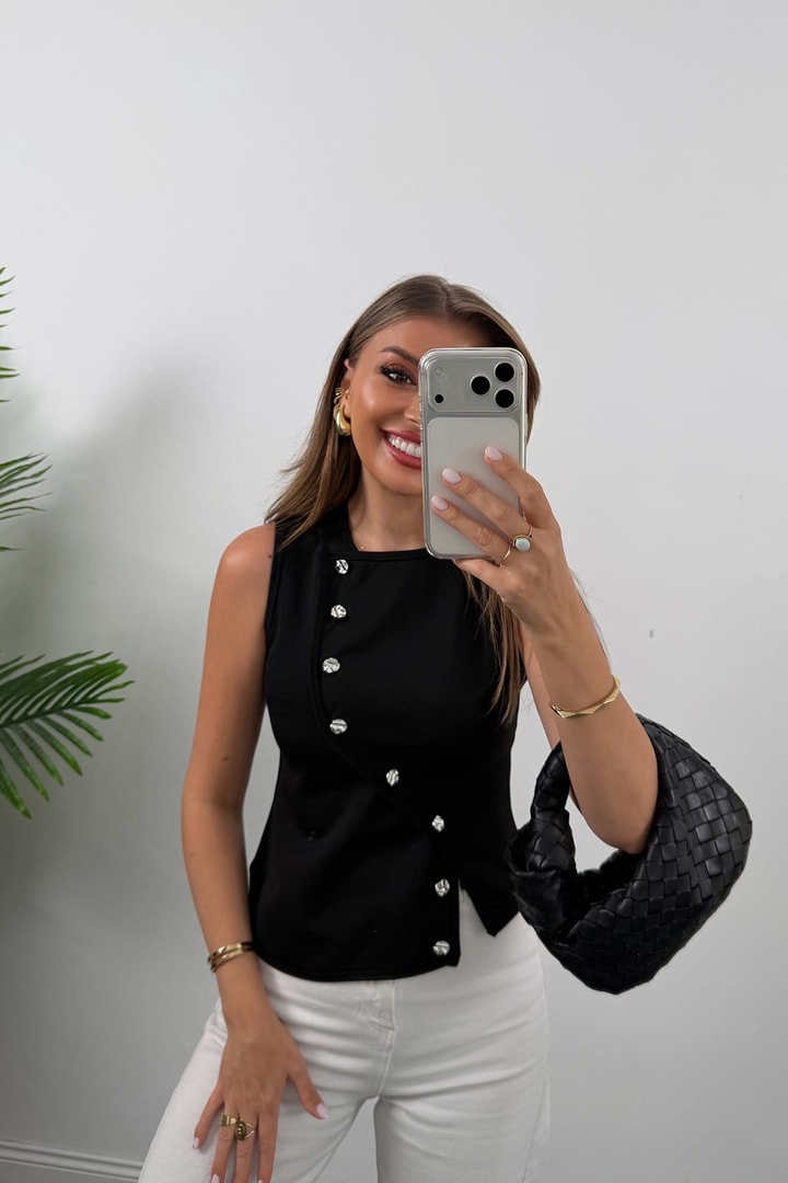 Zra Model Asimetrik Düğmeli Yelek Siyah  