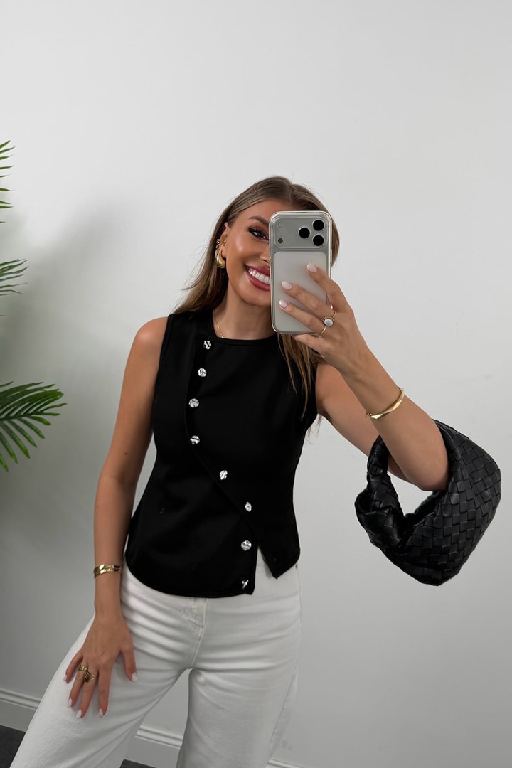 Zra Model Asimetrik Düğmeli Yelek Siyah  