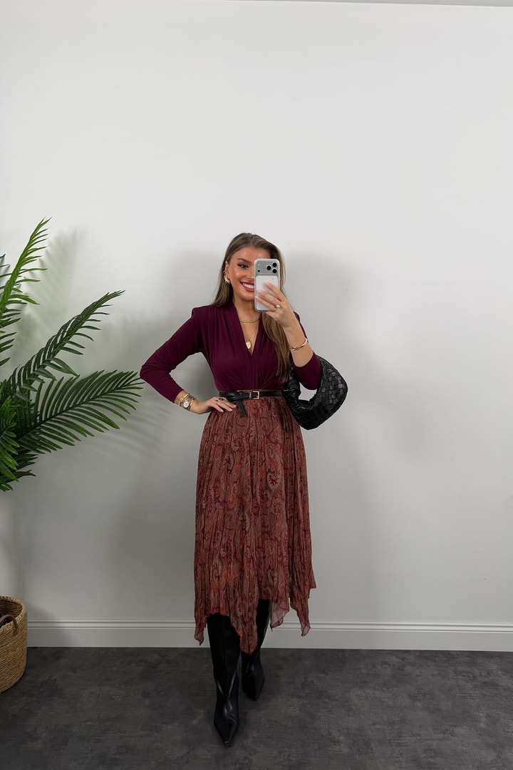 Zra Model Asimetrik Maxi Şifon Etek Bordo Şal Desenli