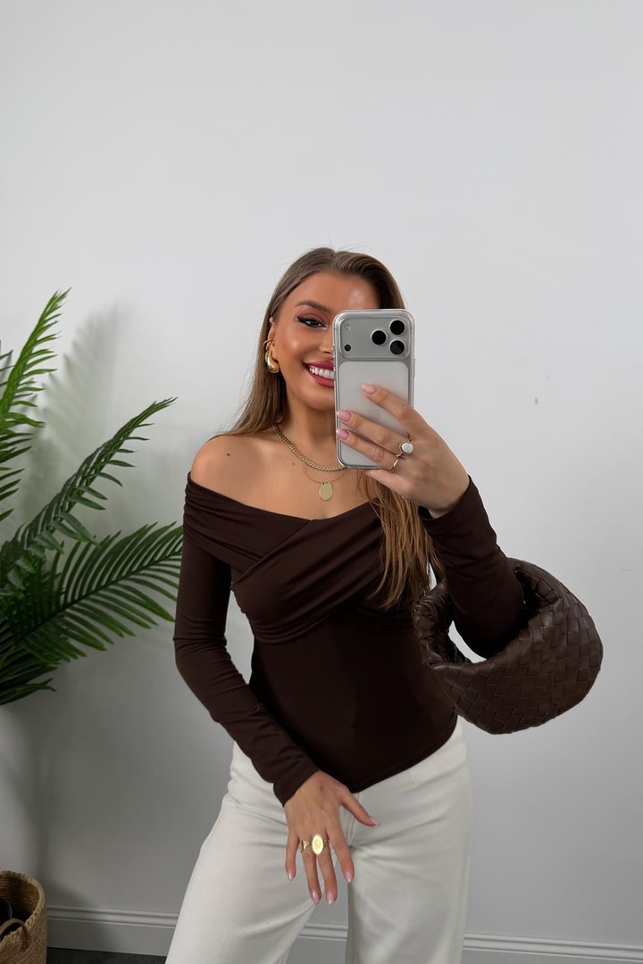 Zra Model Çapraz Yaka Likralı Sanddy Bluz Acı Kahve