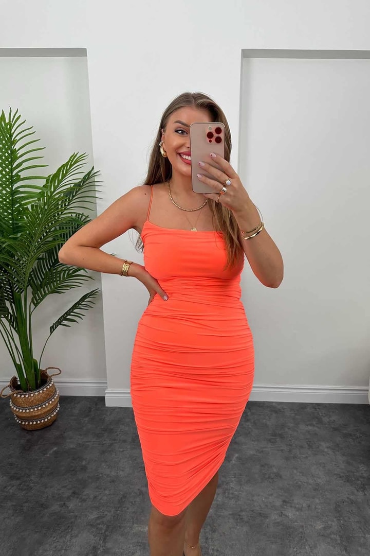 Zra Model Drapeli Likralı Kalem Elbise Neon