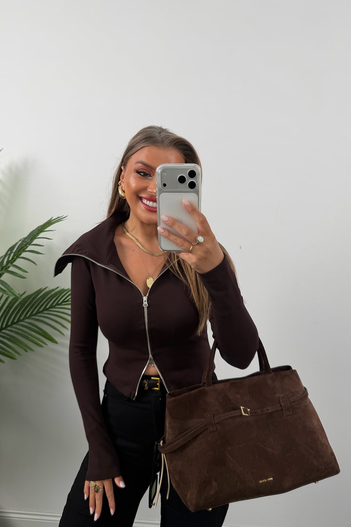 Zra Model Fermuarlı Likralı Geniş Yaka Basic Bluz Acı Kahve 