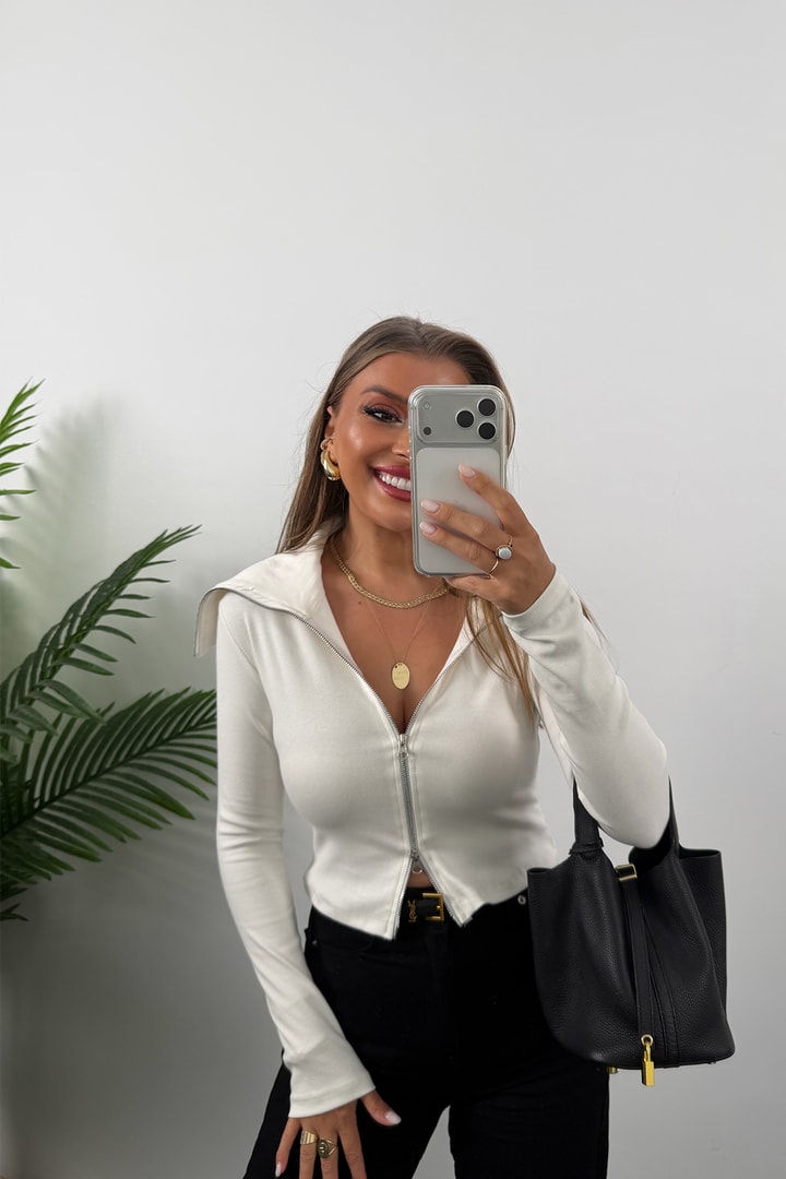 Zra Model Fermuarlı Likralı Geniş Yaka Basic Bluz Beyaz