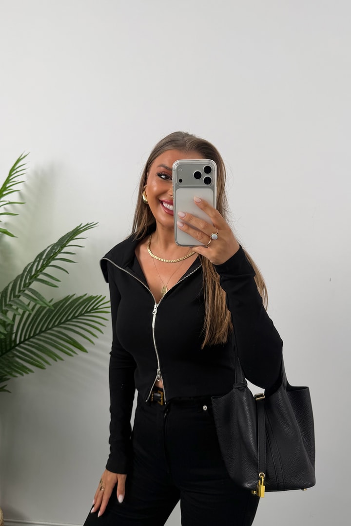 Zra Model Fermuarlı Likralı Geniş Yaka Basic Bluz Siyah
