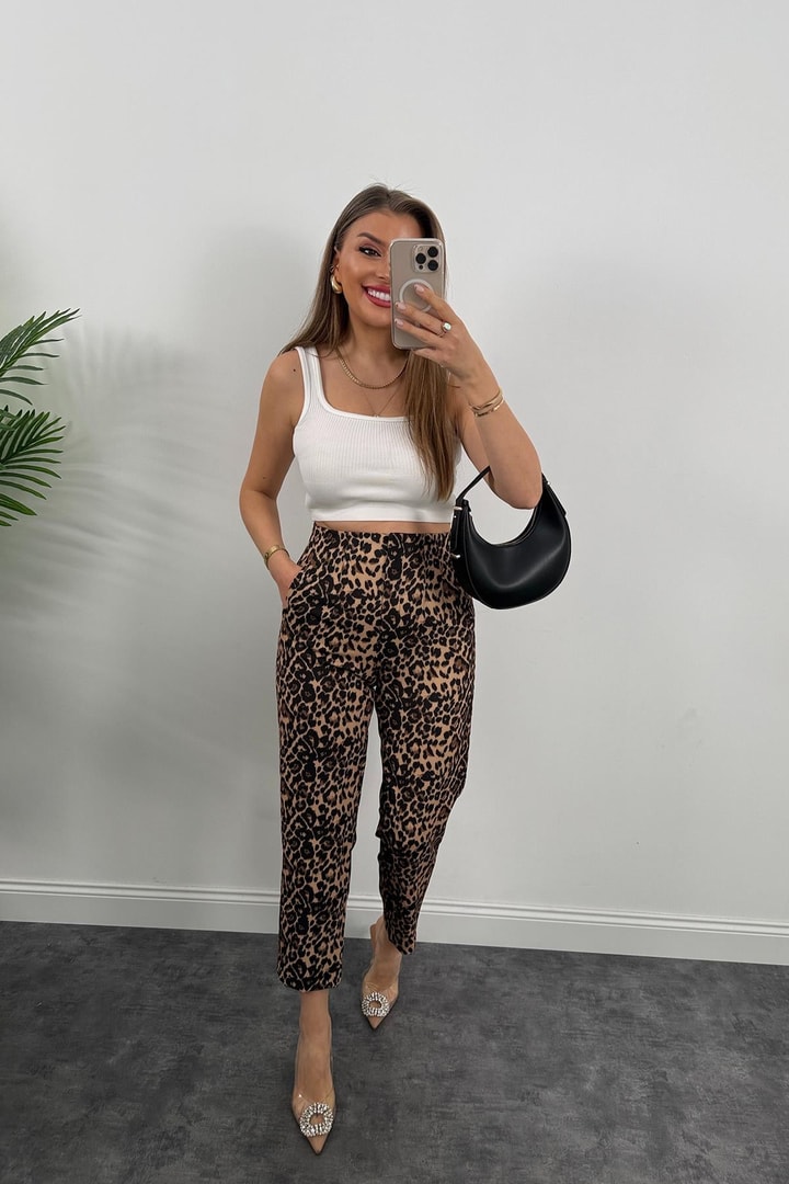 Zra Model Flatolu Leopar Desen Kumaş Pantolon
