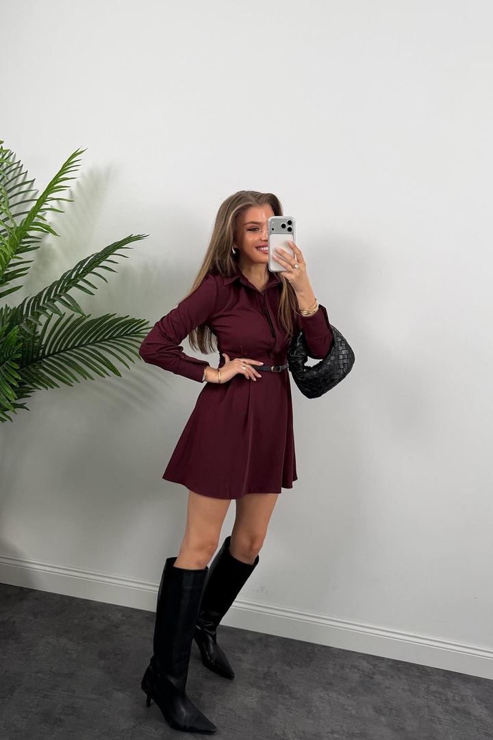 Zra Model Kemerli Kloş Gömlek Elbise Bordo