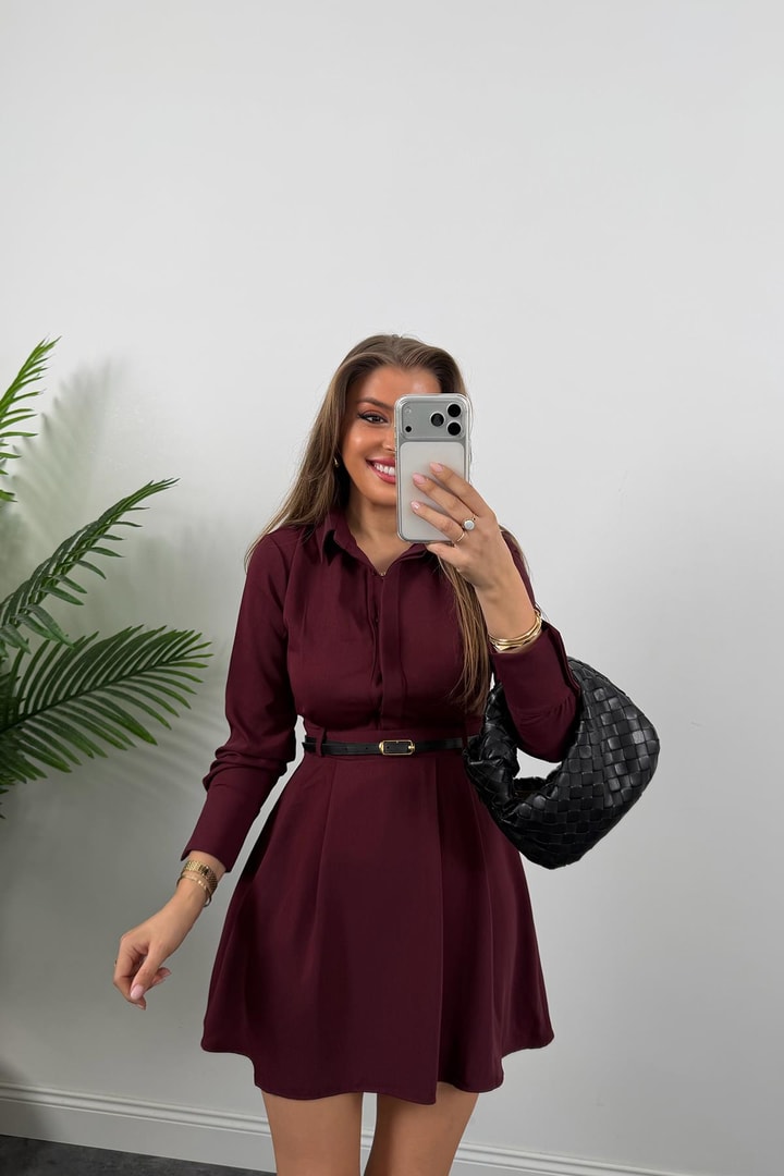 Zra Model Kemerli Kloş Gömlek Elbise Bordo