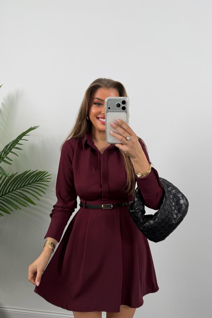 Zra Model Kemerli Kloş Gömlek Elbise Bordo