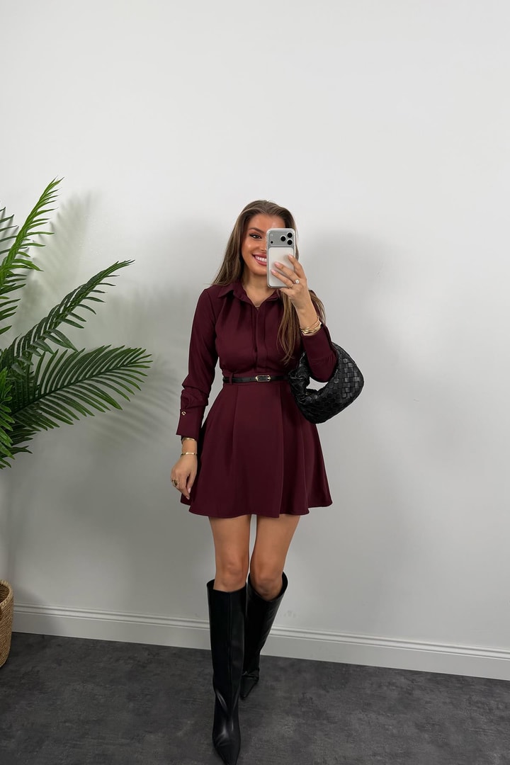 Zra Model Kemerli Kloş Gömlek Elbise Bordo