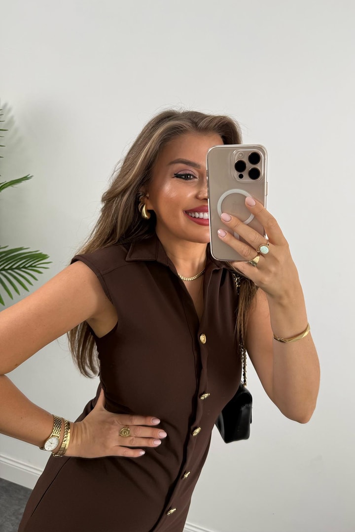Zra Model Likralı Drapeli Midi Boy Gold Düğme Elbise Kahverengi