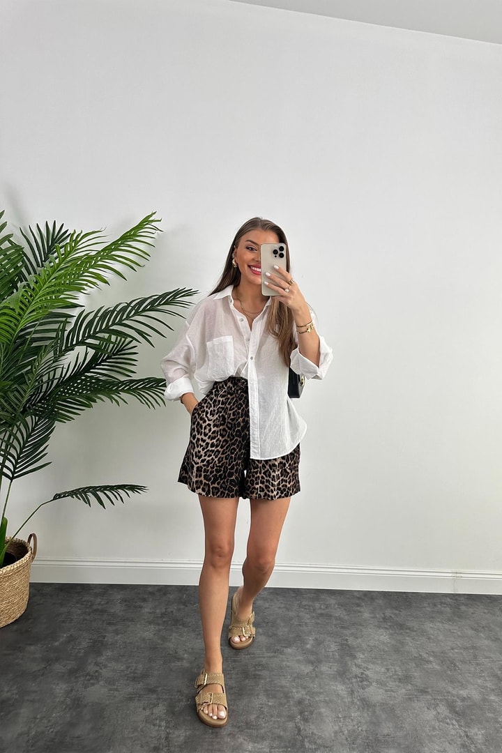 Zra Model Şehir Boy Leopar Print Pamuk Viskon Beli Lastikli Şort