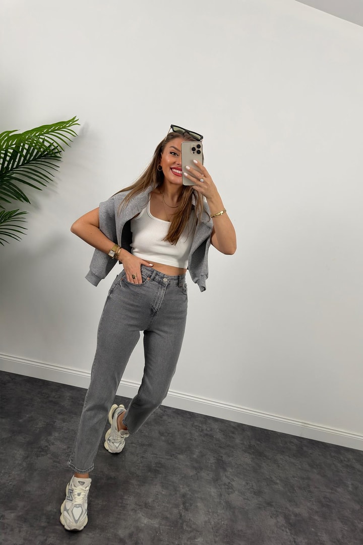Zra Ultra Yüksel Bel Süper Kalıp Likralı  Mom Fit Jean Gri