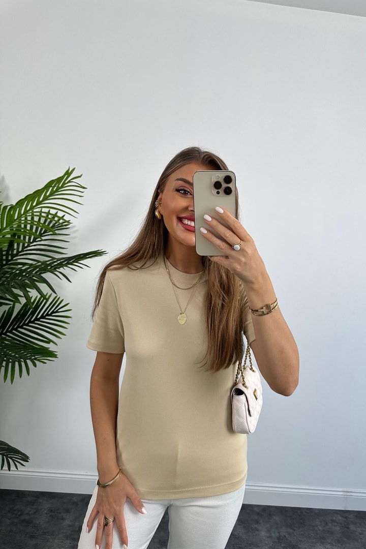 1. Sınıf Kalite Massi Model %100 Pamuklu Lüx Basic Tshirt Bej