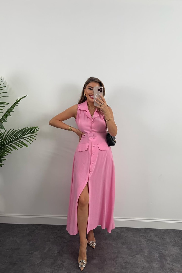 %100 Tensel Kumaş Lüx Kalite Düğmeli Kemerli Maxi Elbise Pembe
