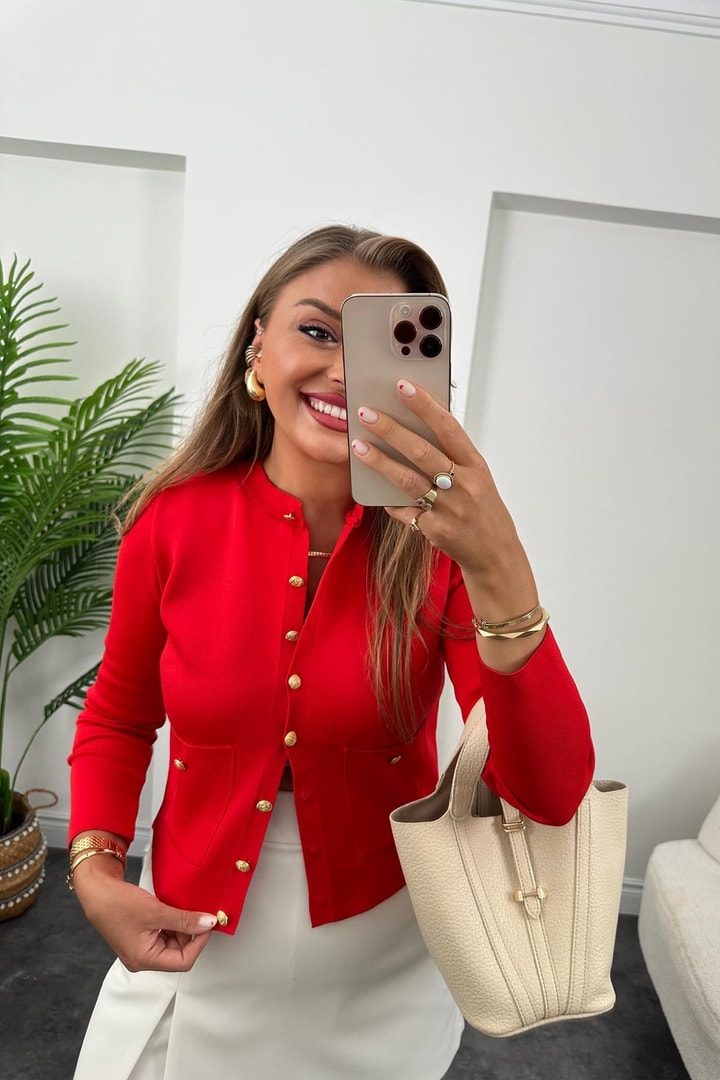 Amor Paris Gold Düğmeli Çelik Triko Hırka Kırmızı