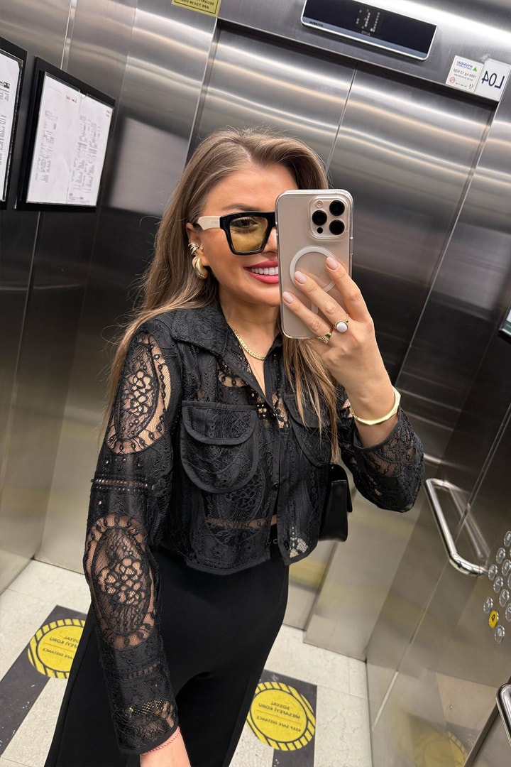 Bebe Lüx Kalite Vatkalı Dantel Tasarım Ceket Gömlek Siyah