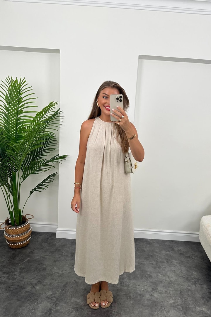 Bebe Marka Maxi Boy Naturel Keten Elbise