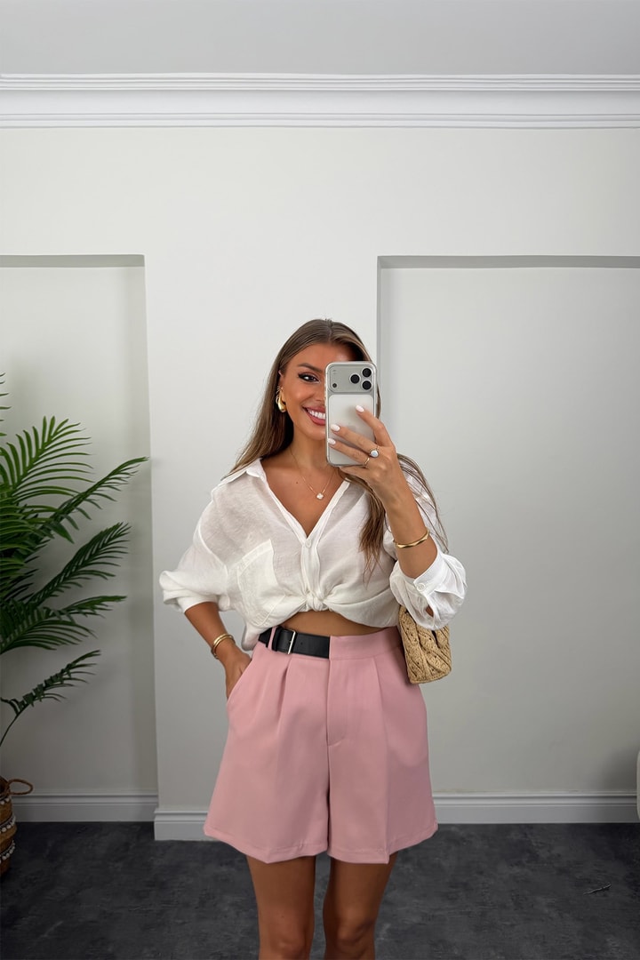 Beli Yandan Kemerli Double Kumaş Şort Pastel Pembe