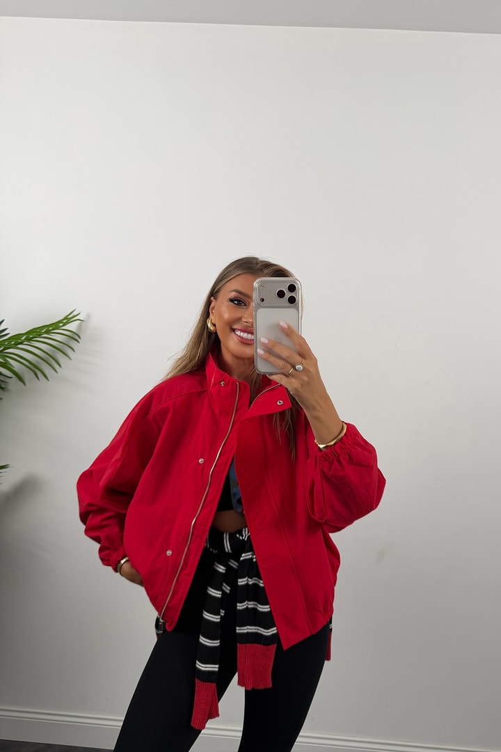 Dik Yaka Basic Bomber Mont Kırmızı