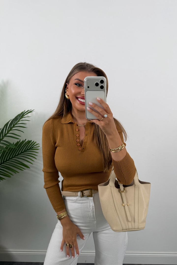 Fitilli Polo Yaka İnce Triko Camel
