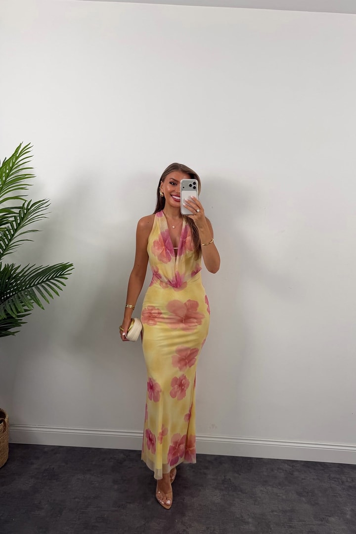 Floral Desen Likralı Maxi Tül Elbise Sarı Pembe