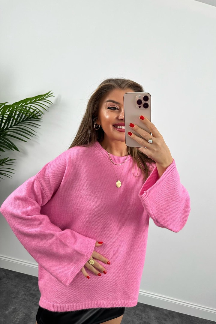 Geniş Kol Basic Yumoş Salaş Kazak Pembe