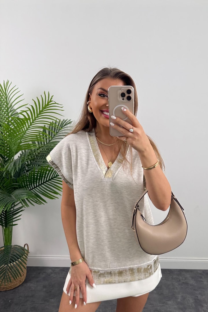 Gold Varaklı V Yaka 3 İplik Sweatshirt Gri