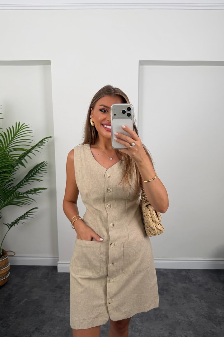 Ham Keten Basic Kalem Elbise Natural Taş