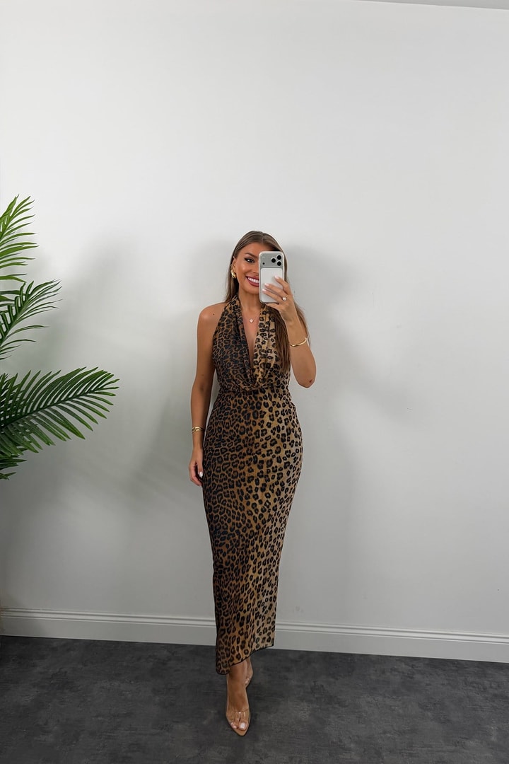 Likralı Degaje Yaka Leopar Tül Elbise 