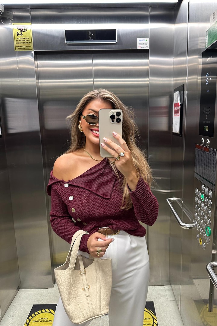 Lüx Kalite Devrik Yaka Düğmeli Pinterest Triko Bordo