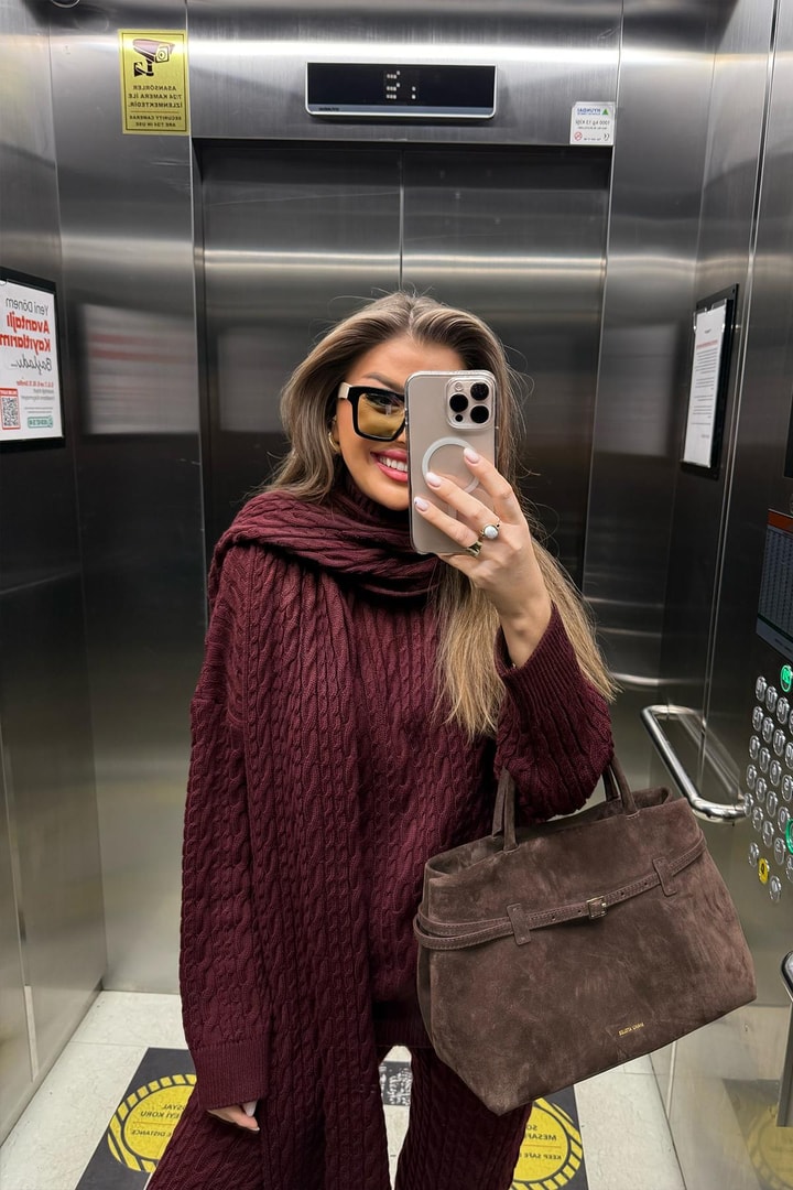Lüx Kalite Kaşkollu 3 Parçalı Triko Takım Bordo