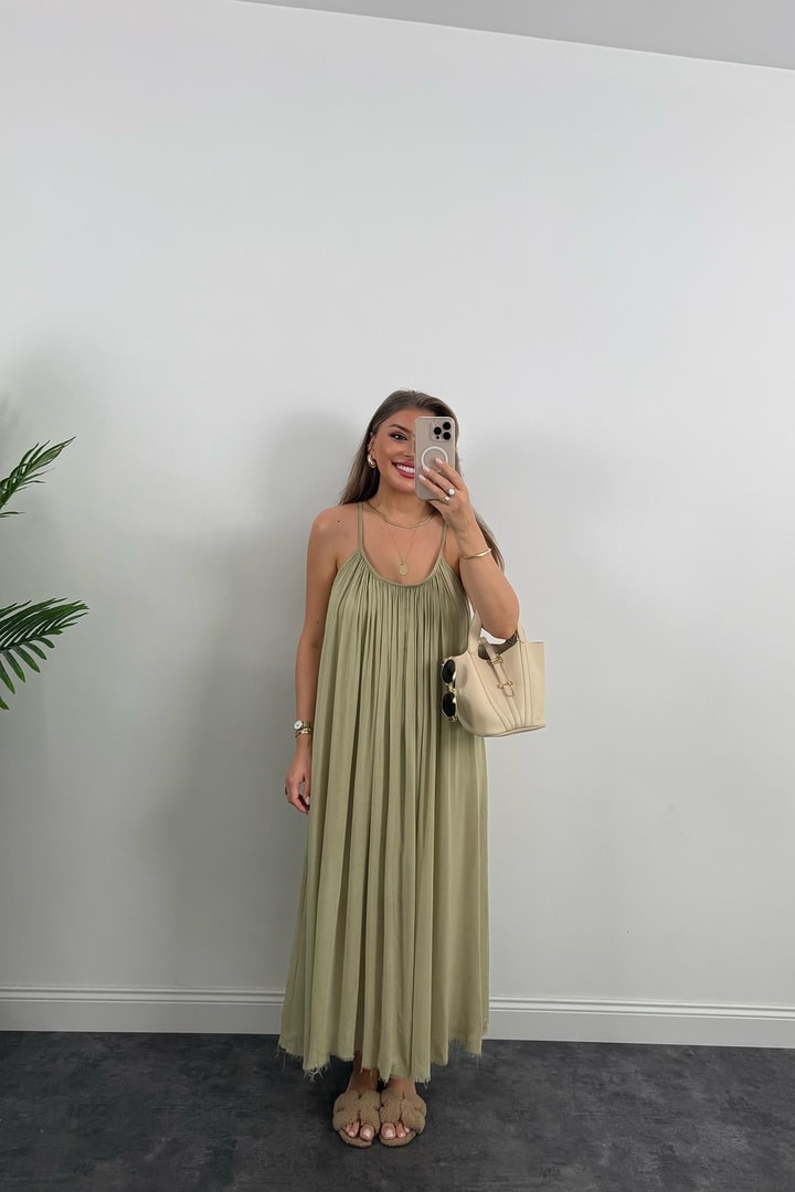 Lüx Kalite Naturel Seri %100 Pamuklu Astarlı Maxi Elbise Haki 