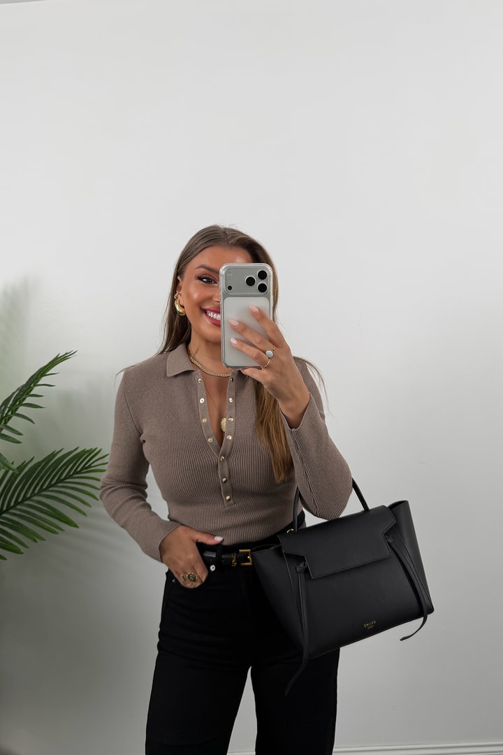 Lüx Kalite Polo Yaka Gold Çıtçıtlı Basic Çelik Triko Vizon
