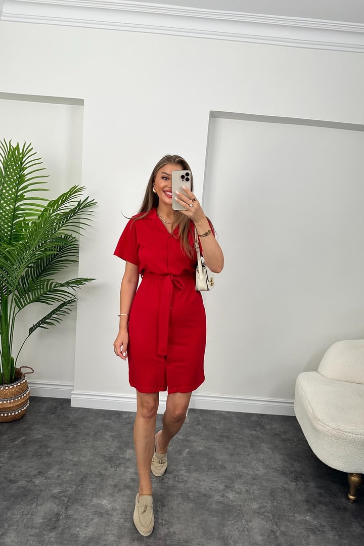 Marka Model Lüx Kalite Polo Yaka Kuşaklı Basic Elbise Kırmızı