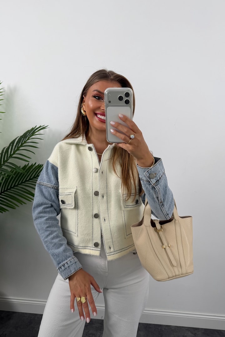 Massi Model Kolu Jean Yumoş Triko Ceket Krem