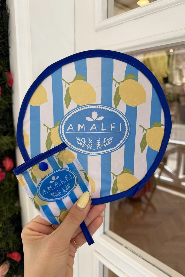 Mavi Çizgili Limonlu Katlanabilir Çantalı Yelpaze