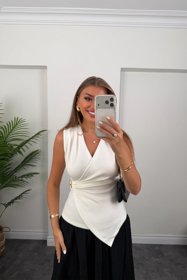 Oysh Kumaş Likralı Kruvaze Bluz Beyaz