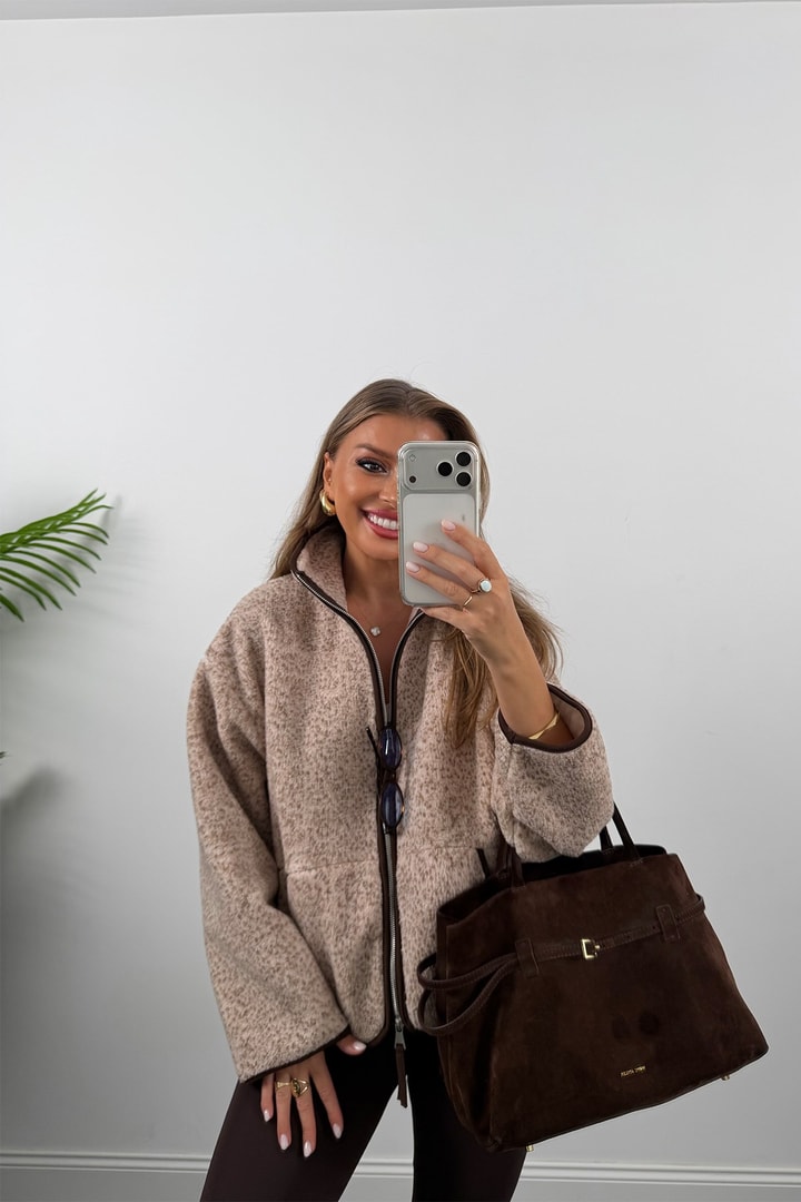 Oysh Model Polar Ceket Bej Çimçimli Kahve Biyeli