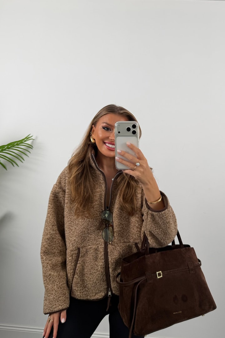 Oysh Model Polar Ceket Düz Renk Çim Çimli Kahve Biyeli Latte
