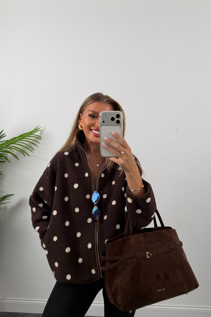 Oysh Model Polar Ceket Kahve Krem Puantiyeli