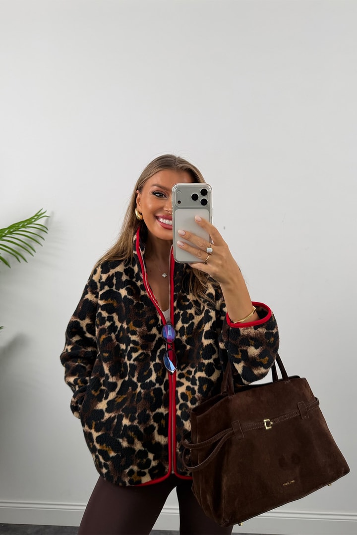 Oysh Model Polar Ceket Kırmızı Biyeli Kahve Leopar