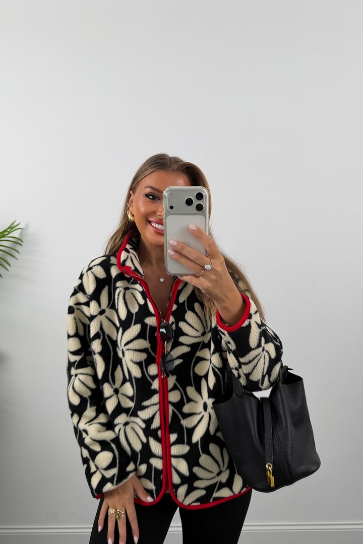 Oysh Model Polar Ceket Kırmızı Biyeli Siyah Krem Çiçek