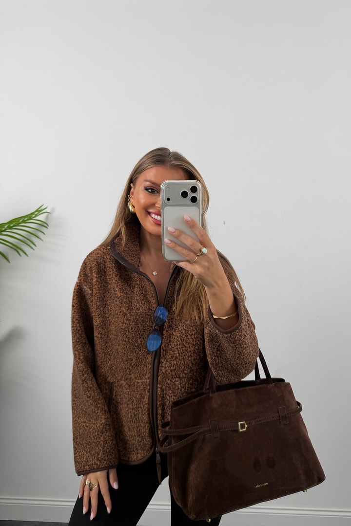 Oysh Model Polar Ceket Koyu Kahve Çimçimli