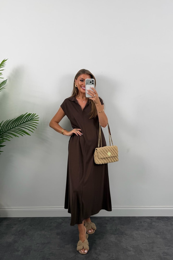 Oysh Pike Kumaş Polo Yaka Basic Salaş Elbise Kahverengi