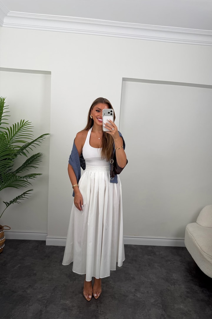 Pamuk Poplin Maxi Boy Basic Etek Beyaz