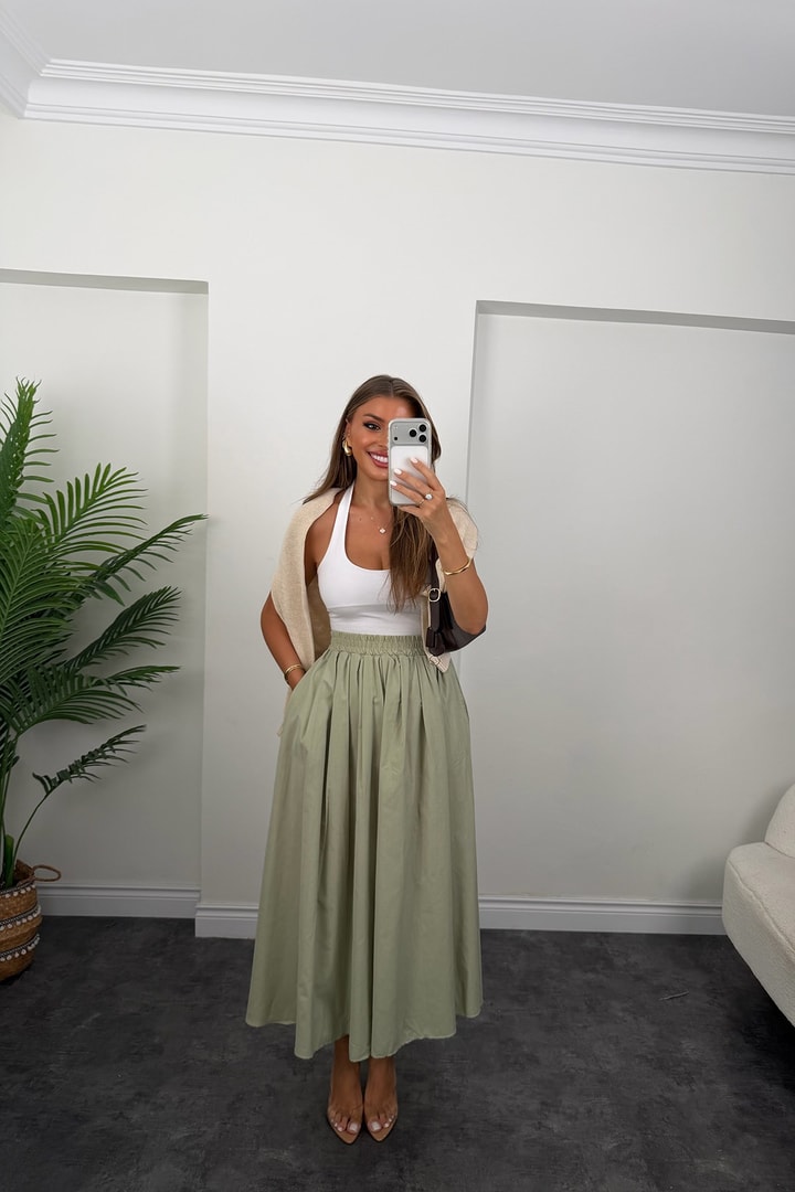 Pamuk Poplin Maxi Boy Basic Etek Haki