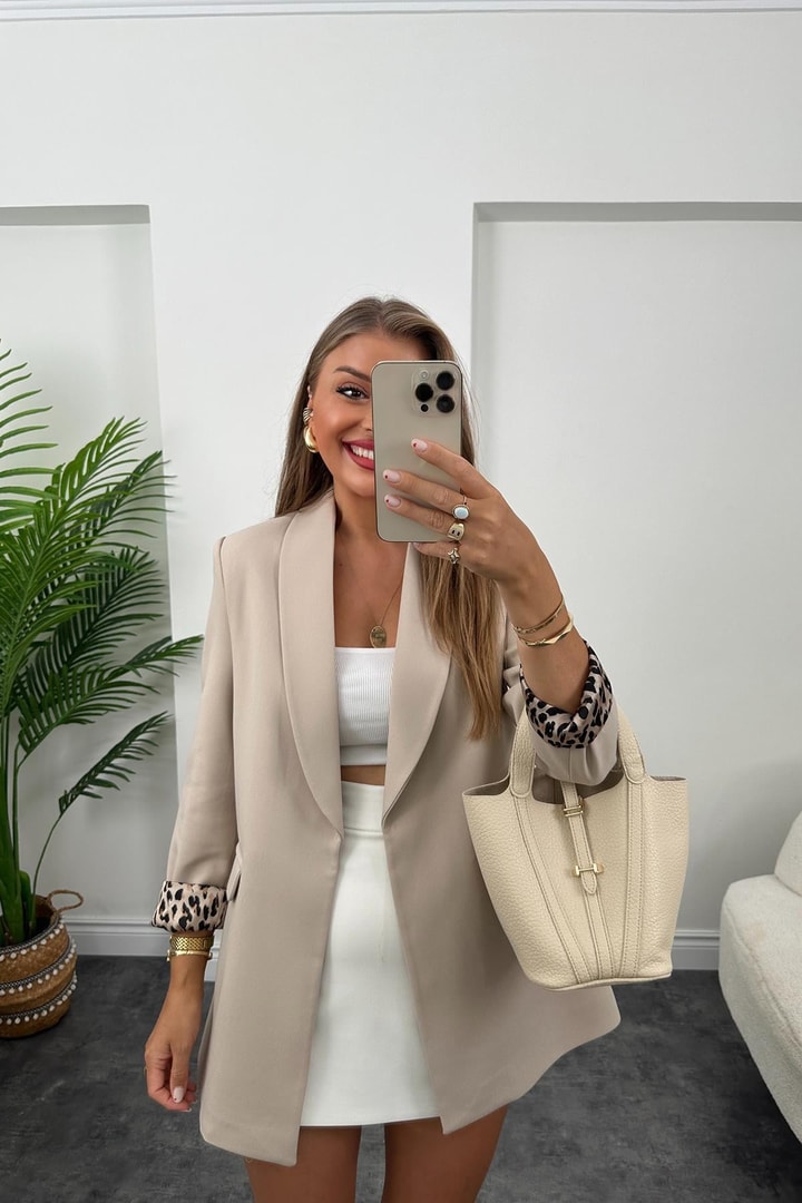 Premium Kalite Leopar Astarlı Double Kumaş Blazer Ceket Taş 