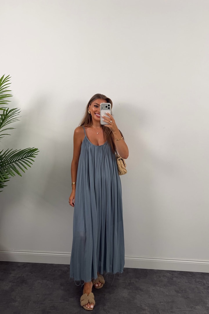 Premium Seri %100 Pamuk Maxi Salaş Elbise İndigo