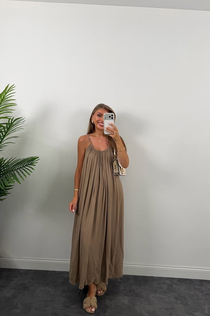 Premium Seri %100 Pamuk Maxi Salaş Elbise Vizon